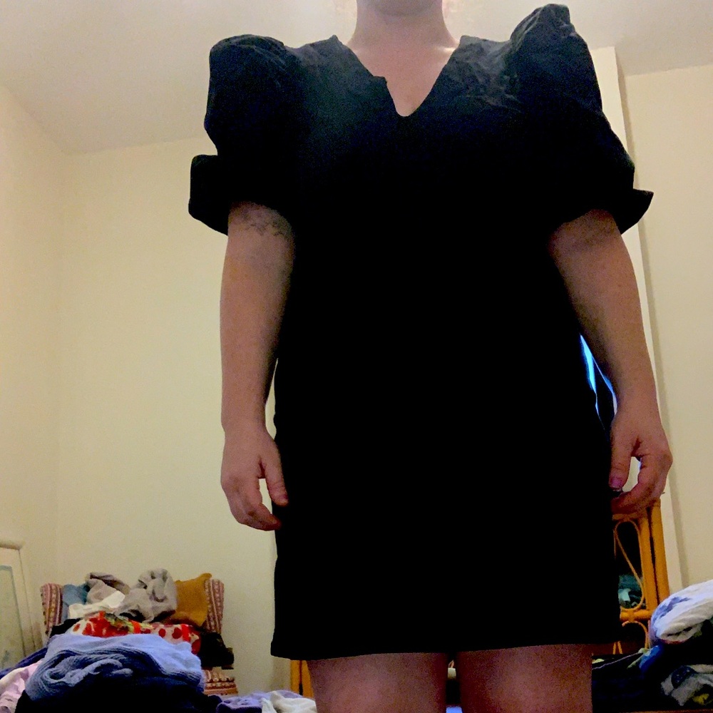 Stretch denim little black dress with puff sleeves